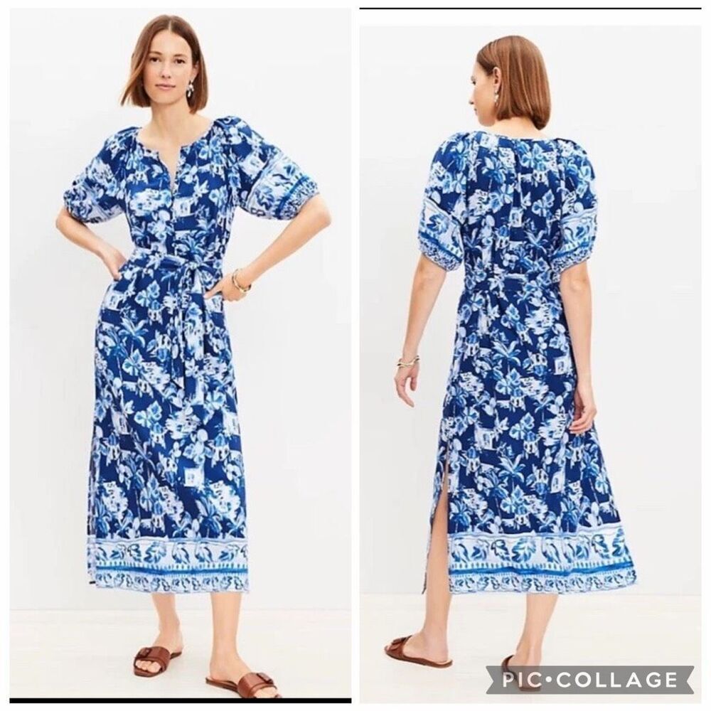 LOFT Corfu Weekend Puff Sleeve printed Midi Dress